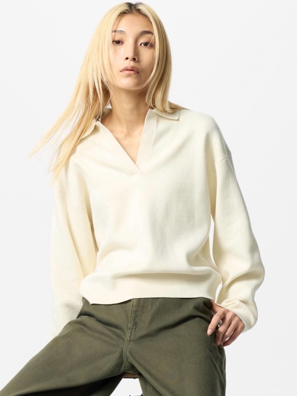 Uniqlo Cream Knit V-Neck Smooth Cotton Polo Sweater Sz XXL